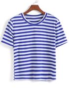 Romwe Round Neck Striped Blue T-shirt