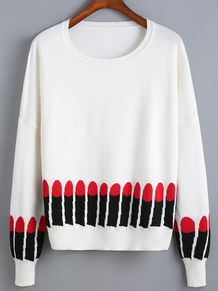 Romwe Lipstick Pattern White Sweater