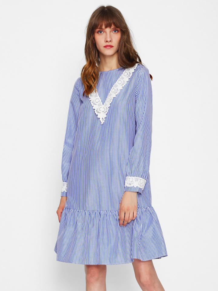 Romwe Lace Applique Keyhole Back Drop Waist Dress