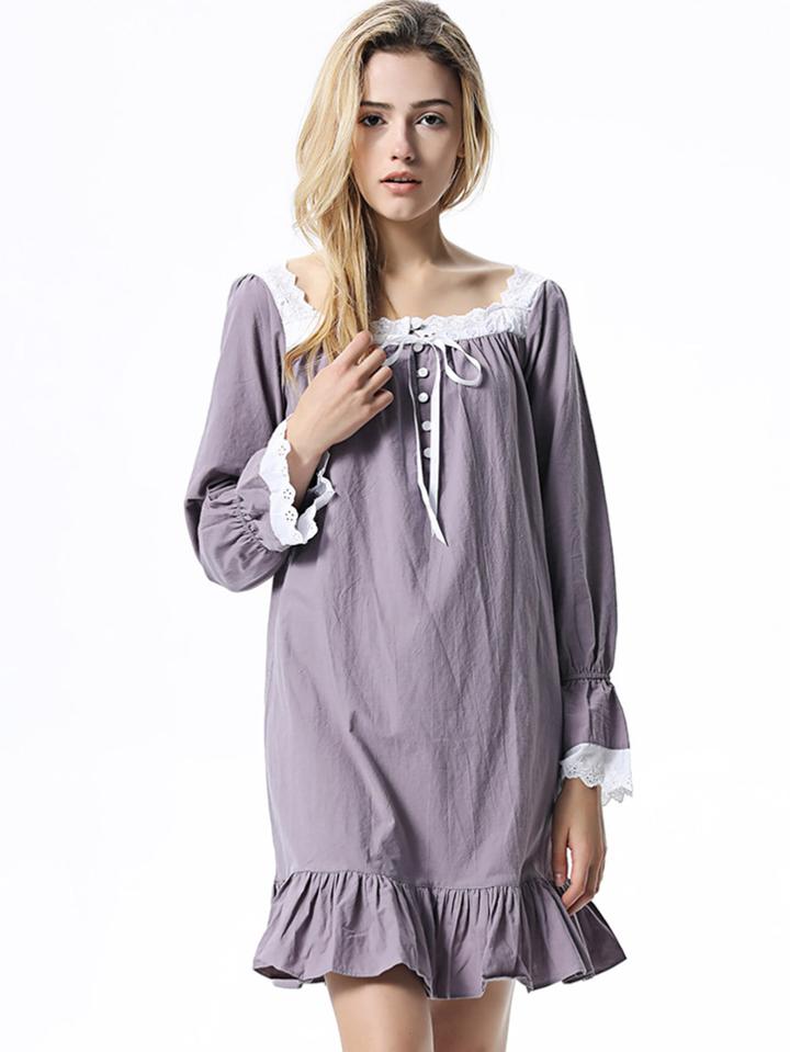 Romwe Contrast Lace Trim Ruffle Hem Night Dress