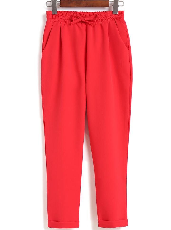 Romwe Elastic Waist Red Pant