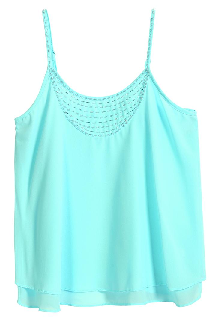 Romwe Spaghetti Strap Bead Chiffon Green Vest