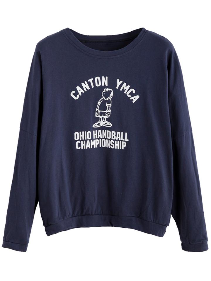 Romwe Navy Cartoon Letter Print Dropped Shoulder Seam Sweatshirt