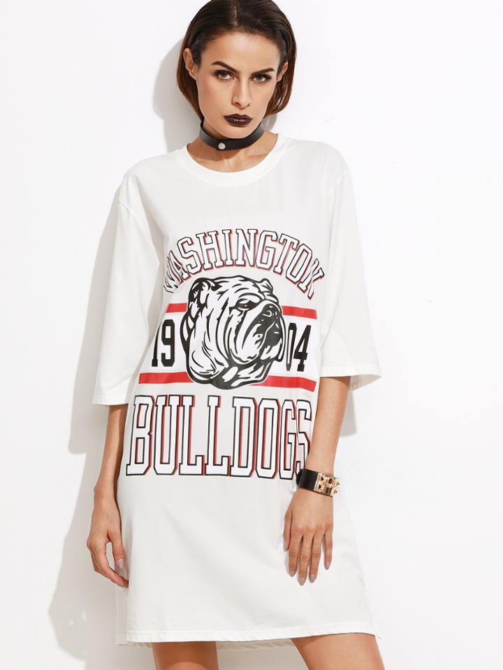 Romwe White Varsity Print Slit Side Tee Dress