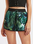 Romwe Shirred Waist Tropical Print Dolphin Shorts