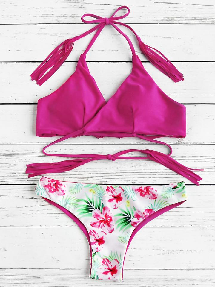Romwe Calico Print Tassel Tie Bikini Set