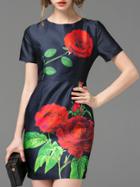 Romwe Navy Crew Neck Rose Print Sheath Dress