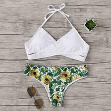 Romwe Halter Top With Random Tropical Low Rise Bikini
