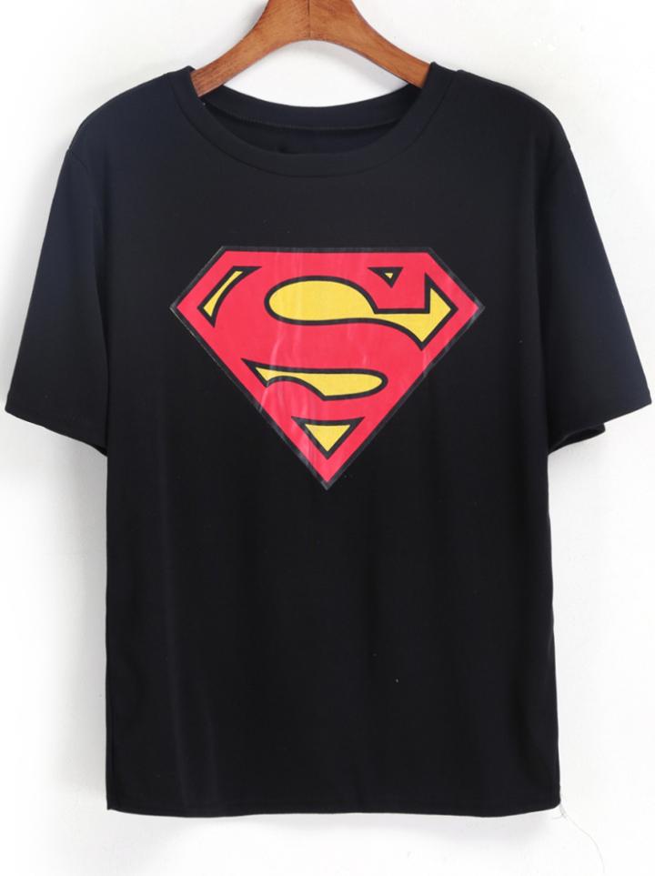 Romwe Superman Print Black T-shirt