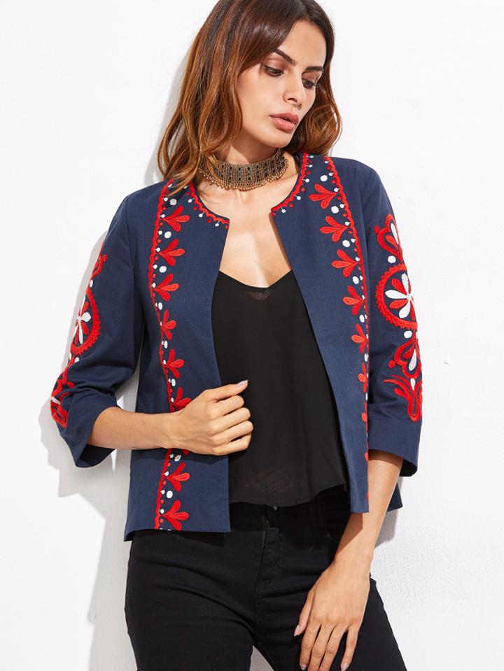 Romwe Navy Embroidery Three Quarter Length Sleeve Coat