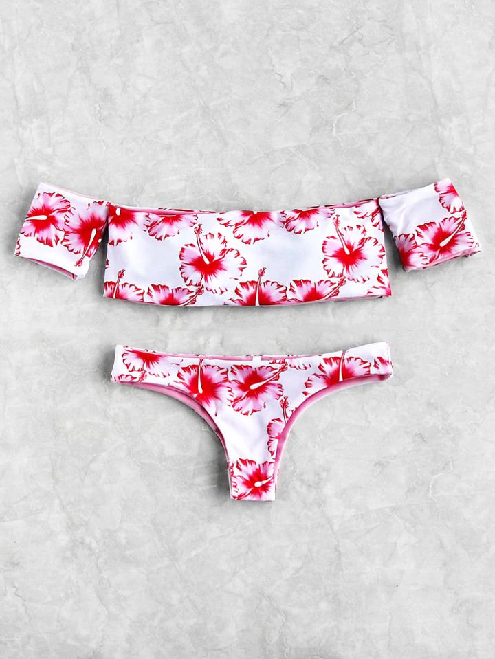 Romwe Calico Print Off The Shoulder Bikini Set