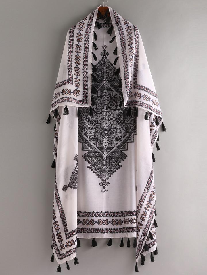 Romwe Tassel Trimmed Multicolor Tribal Print Shawl
