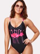 Romwe Flamingo Print Low Back Swimsuit