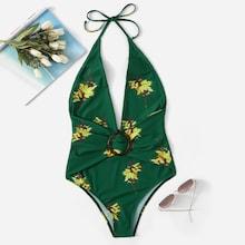 Romwe Random Floral Plunge Neck One Piece Swimwear