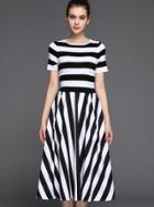 Romwe Black White Round Neck Short Sleeve Striped Dress
