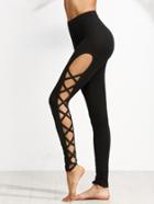 Romwe Black Cutout Lattice Detail High Waist Leggings