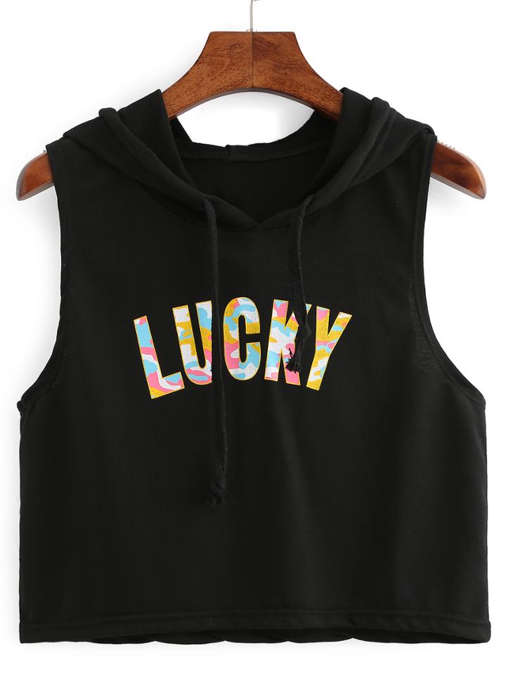 Romwe Letter Print Hooded Crop Top