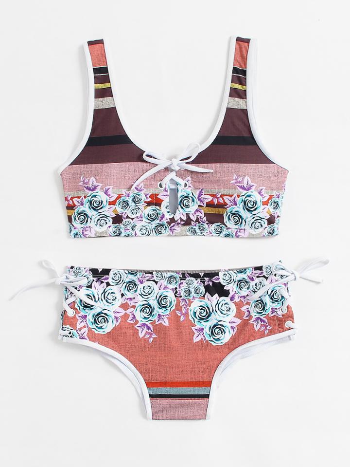 Romwe Double Scoop Lace Up Bikini Set