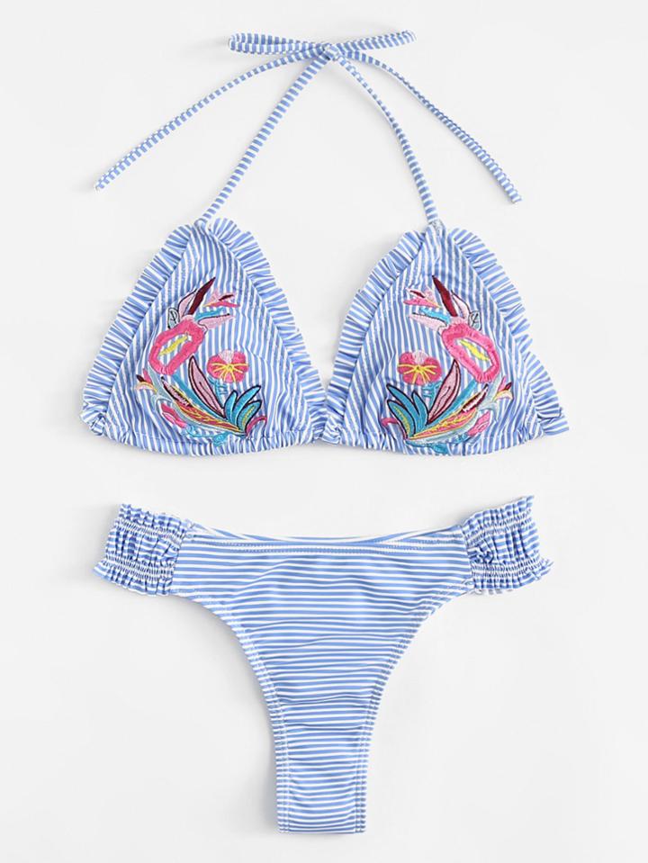 Romwe Embroidered Flower Striped Bikini Set