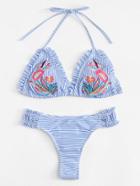 Romwe Embroidered Flower Striped Bikini Set