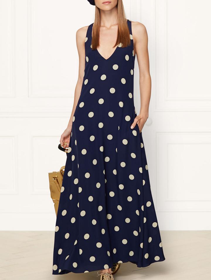 Romwe Navy V Neck Sleeveless Polka Dot Pockets Print Maxi Dress