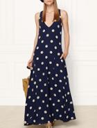 Romwe Navy V Neck Sleeveless Polka Dot Pockets Print Maxi Dress