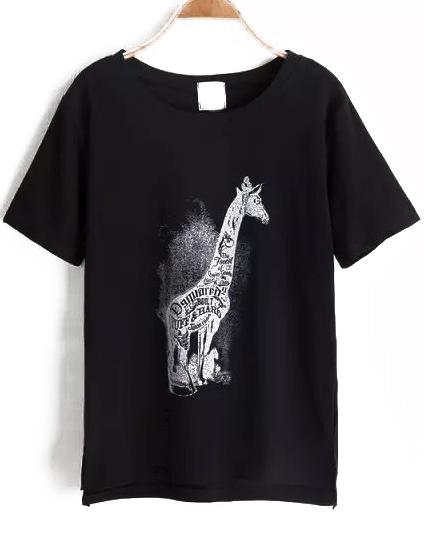 Romwe Dip Hem Giraffe Print Black T-shirt