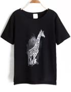 Romwe Dip Hem Giraffe Print Black T-shirt
