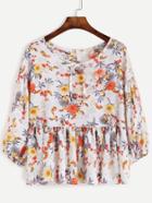 Romwe Floral Print Lace Up Ruffle Hem Top