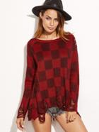 Romwe Burgundy Checkered Slit Back Distressed Sweater