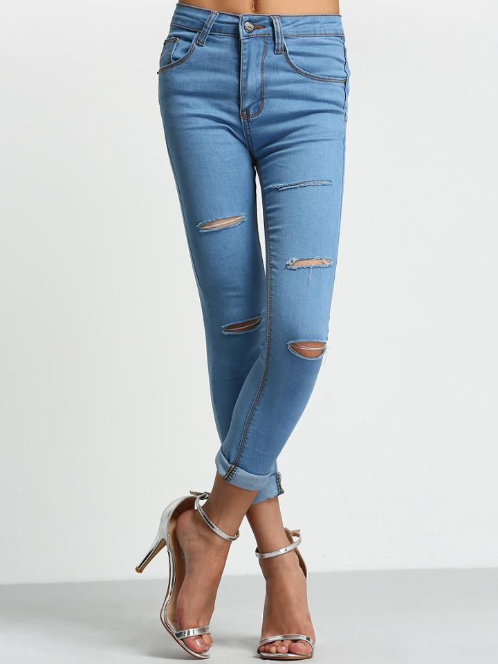 Romwe Blue Ripped Skinny Denim Pant