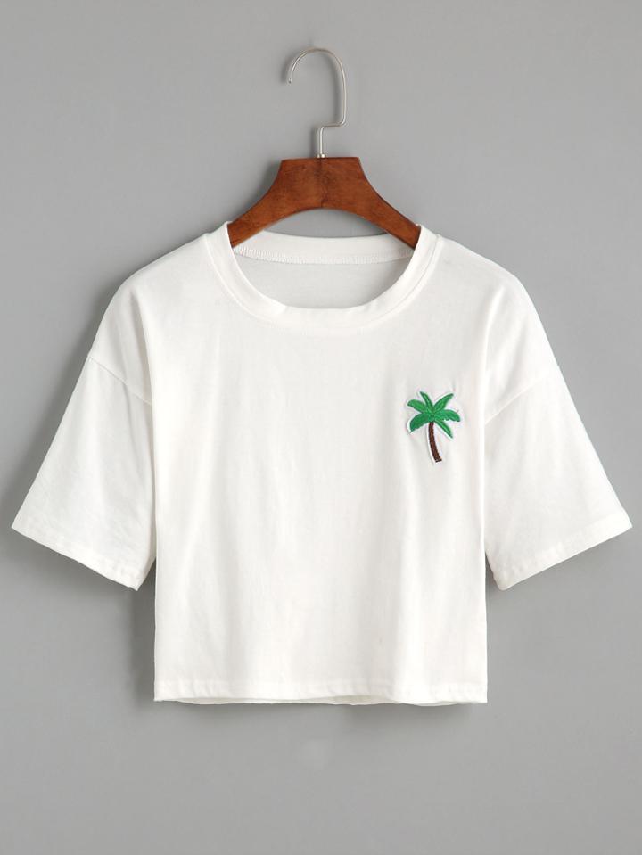 Romwe White Palm Tree Embroidered Patch Crop T-shirt