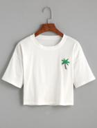 Romwe White Palm Tree Embroidered Patch Crop T-shirt