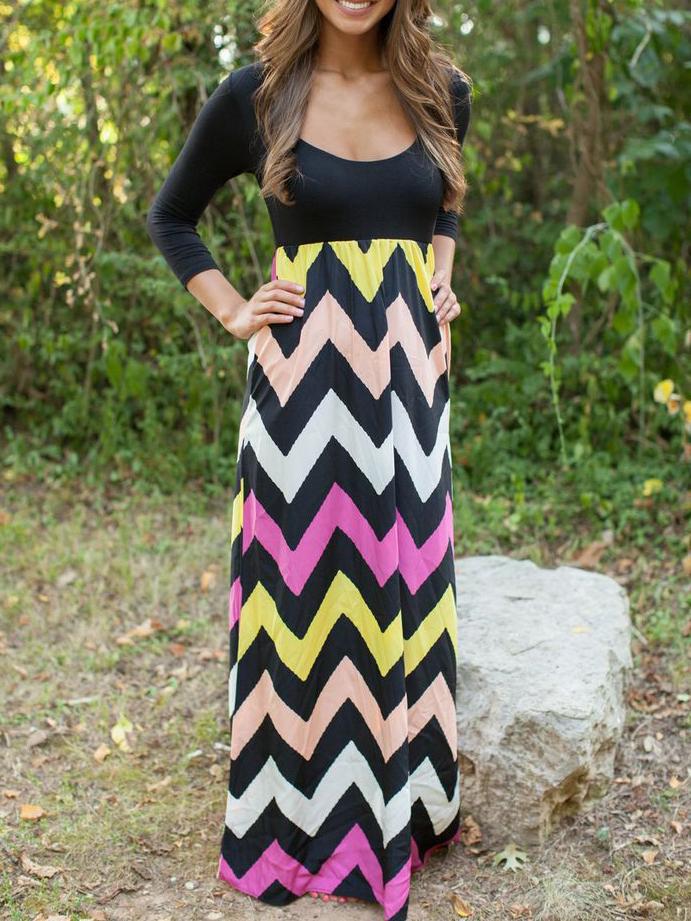 Romwe Scoop Neck Zigzag Maxi Black Dress