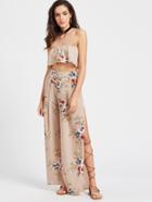 Romwe Florals Frill Layered Bandeau Top With Split Pants