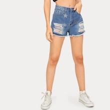 Romwe Star Rhinestone Ripped Denim Shorts