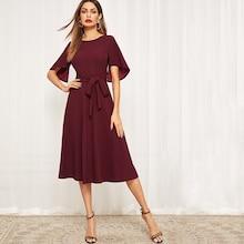 Romwe Asymmetrical Flounce Sleeve Dresses With Belt