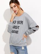 Romwe Grey Letter Print Drop Shoulder Cutout Sleeve Sweatshirt