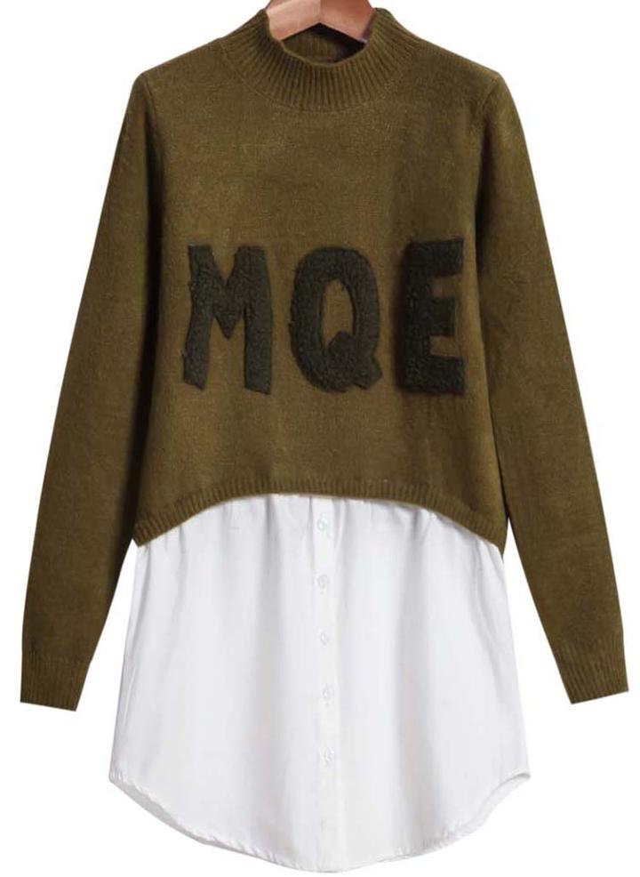 Romwe Green Stand Collar Letter Print Contrast Sweater
