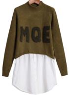 Romwe Green Stand Collar Letter Print Contrast Sweater