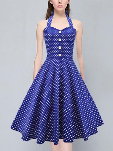 Romwe Halter Polka Dot Blue Tea Dress