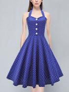 Romwe Halter Polka Dot Blue Tea Dress