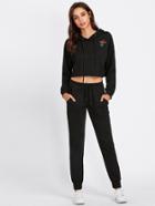 Romwe Rose Patch Crop Hoodie And Sweatpants Set