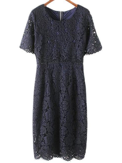 Romwe Black Knee Length Split Zipper Back Lace Dress