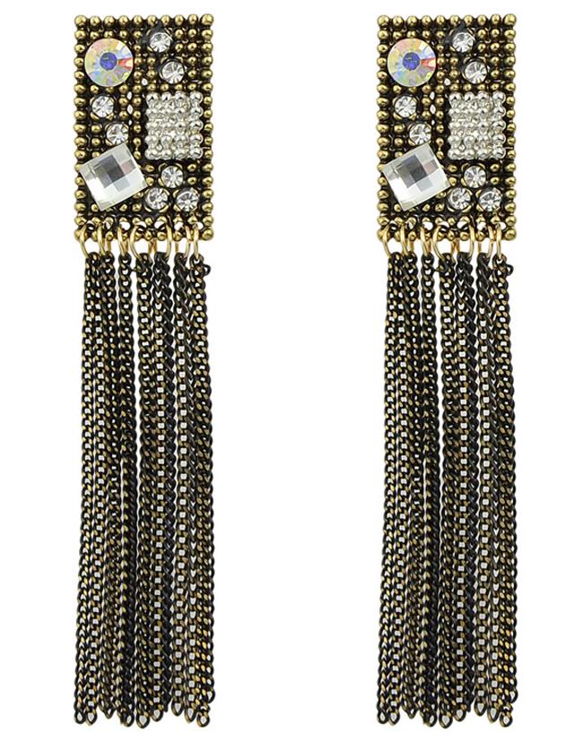 Romwe Rhinestone Individual Tassel Earrings