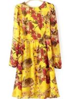 Romwe Vintage Floral Pleated Chiffon Dress