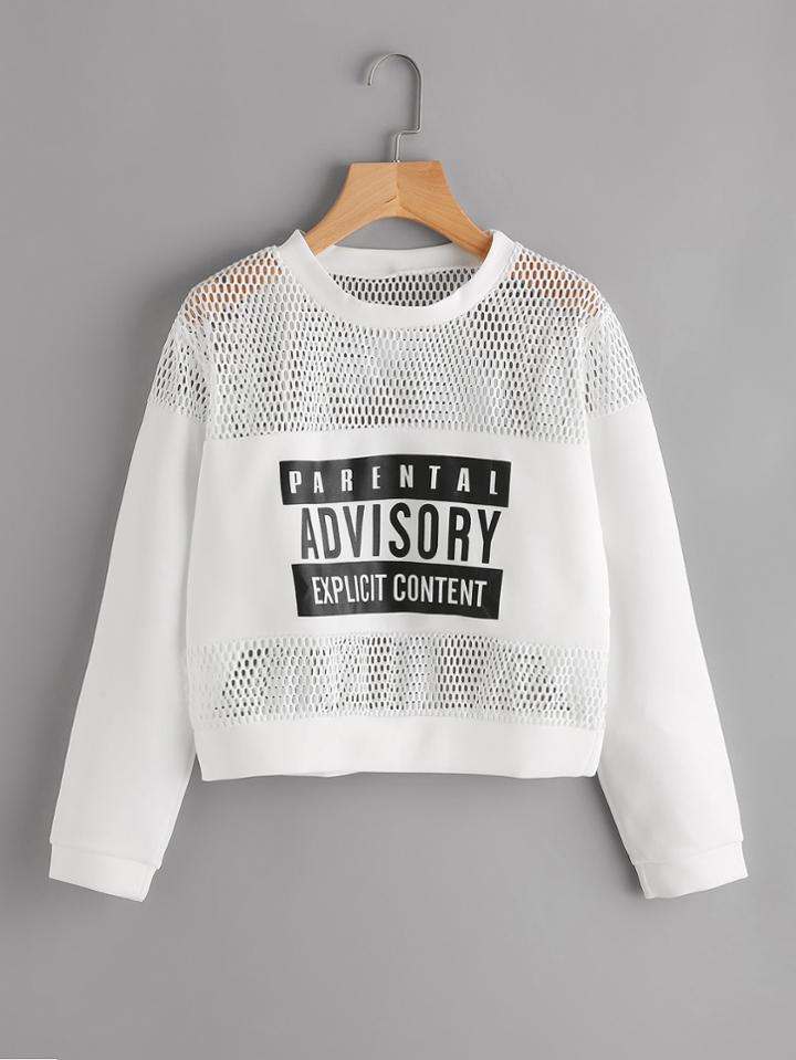 Romwe Hollow Fishnet Insert Letter Printed Sweatshirt