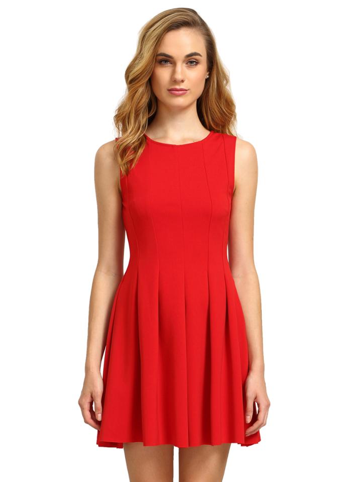 Romwe Red Round Neck Sleeveless Pleated Flare Dress