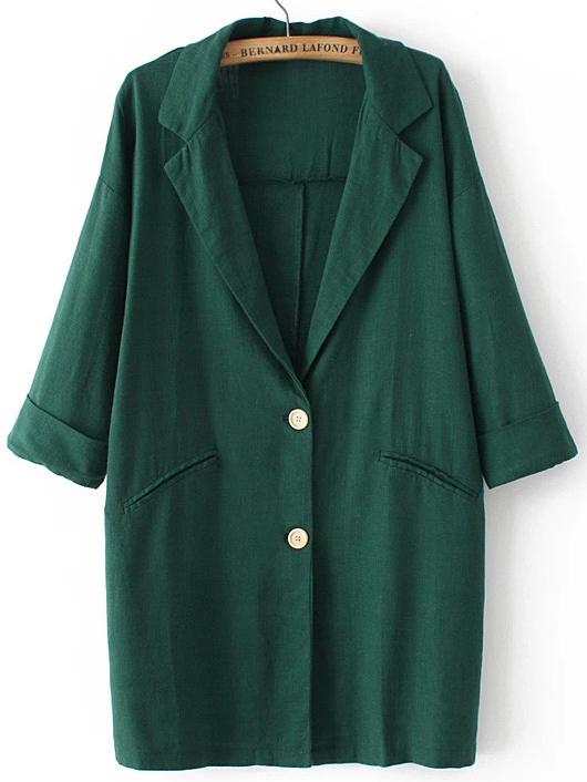 Romwe Green Lapel Buttons Pockets Loose Blazer