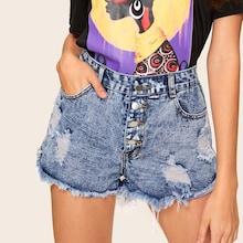 Romwe Ripped Raw Hem Single Breasted Denim Shorts